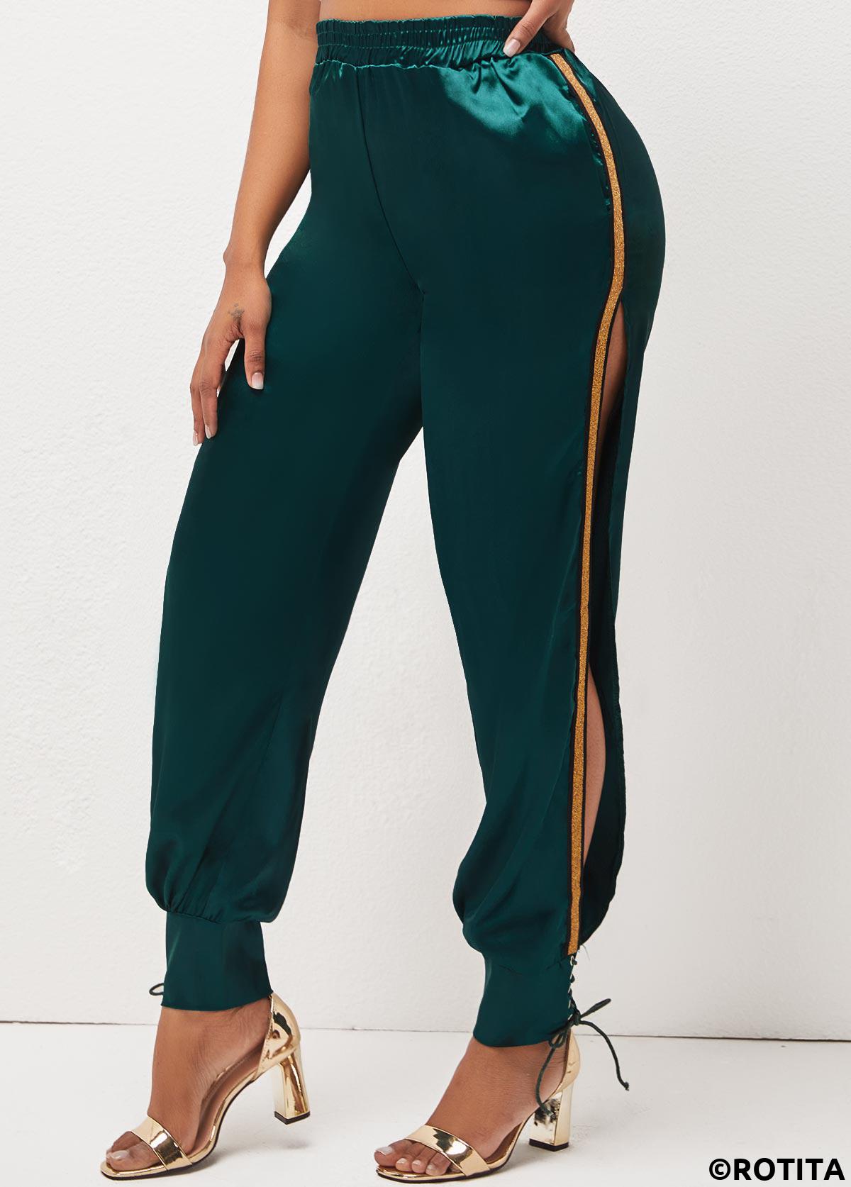 Blackish Green bottoms,Contrast Color bottoms,Lace Up Dark Green Side Slit Pants