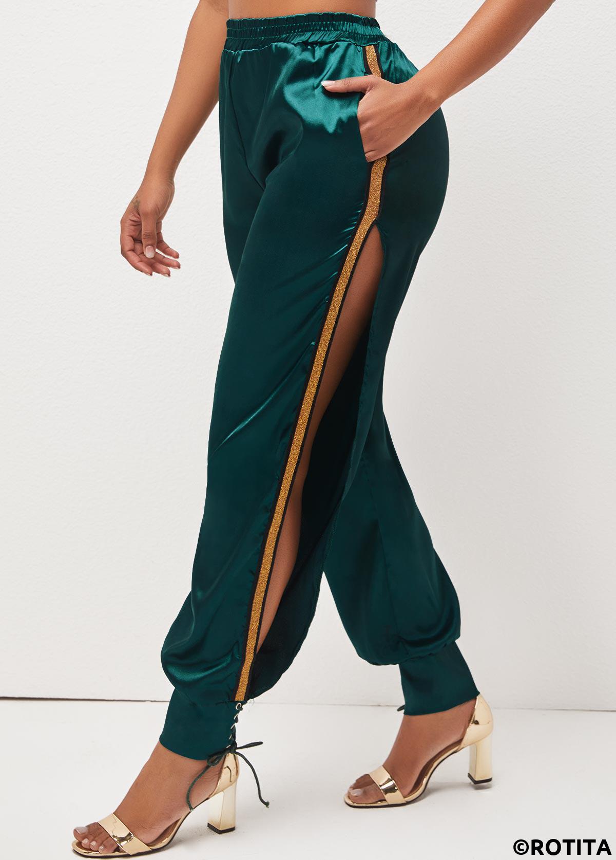 Blackish Green bottoms,Contrast Color bottoms,Lace Up Dark Green Side Slit Pants