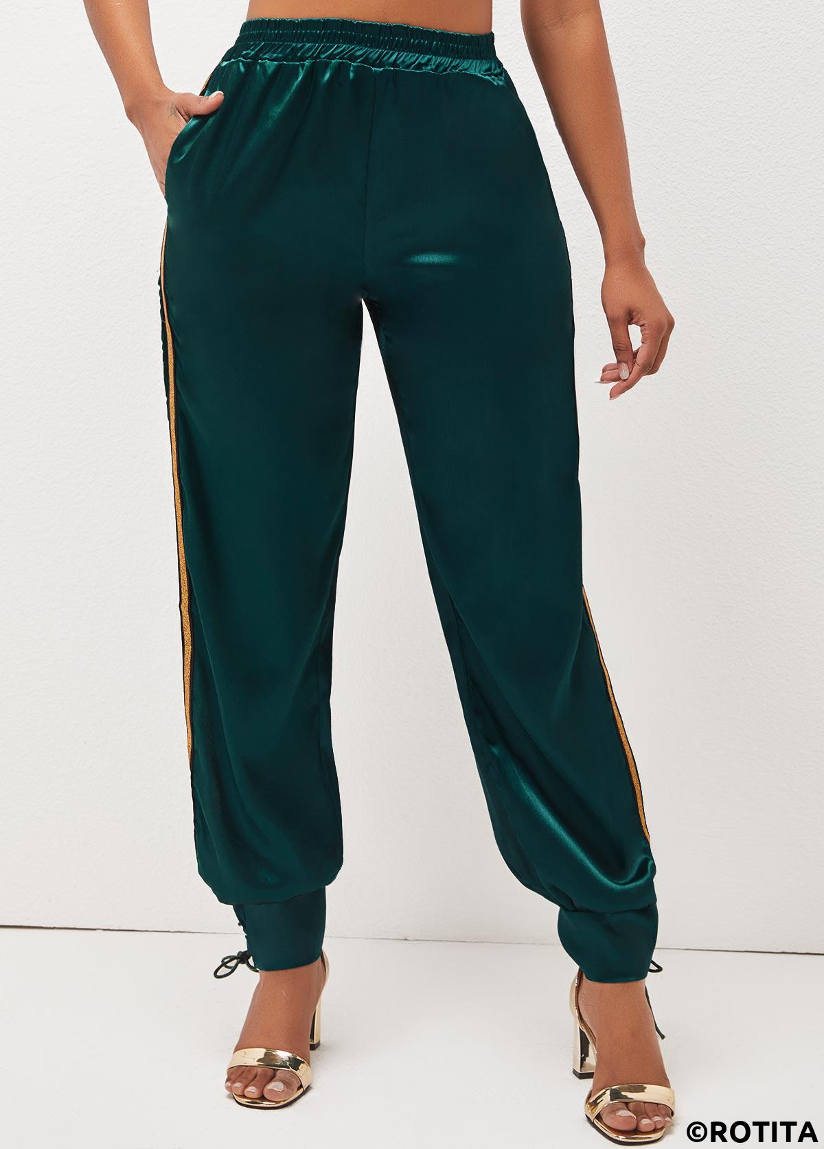 Blackish Green bottoms,Contrast Color bottoms,Lace Up Dark Green Side Slit Pants