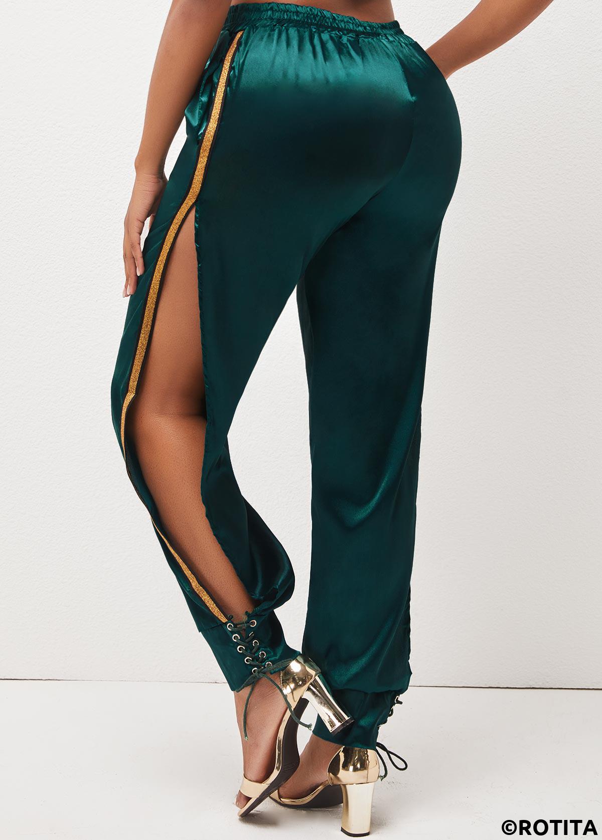 Blackish Green bottoms,Contrast Color bottoms,Lace Up Dark Green Side Slit Pants