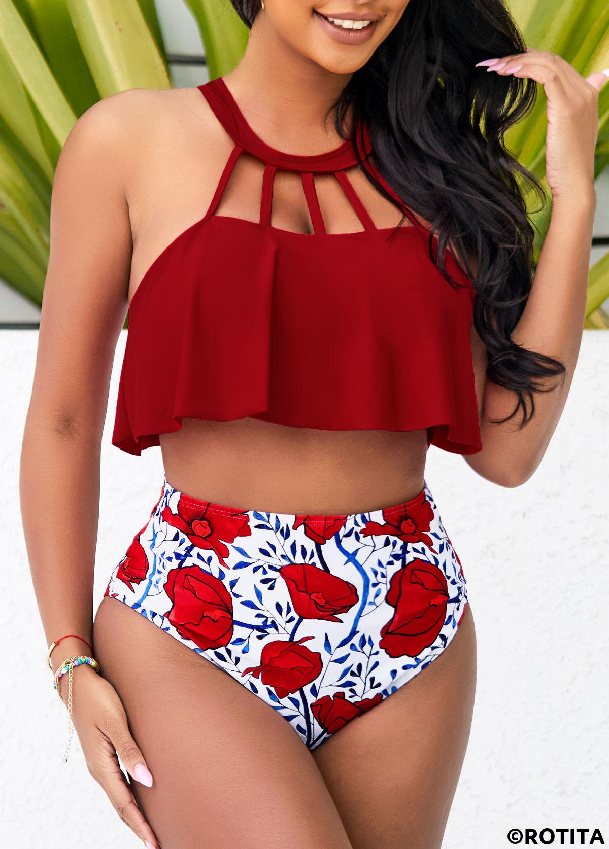 Red swimwear,Floral swimwear,Red Cage Neck High Waisted Bikini Set