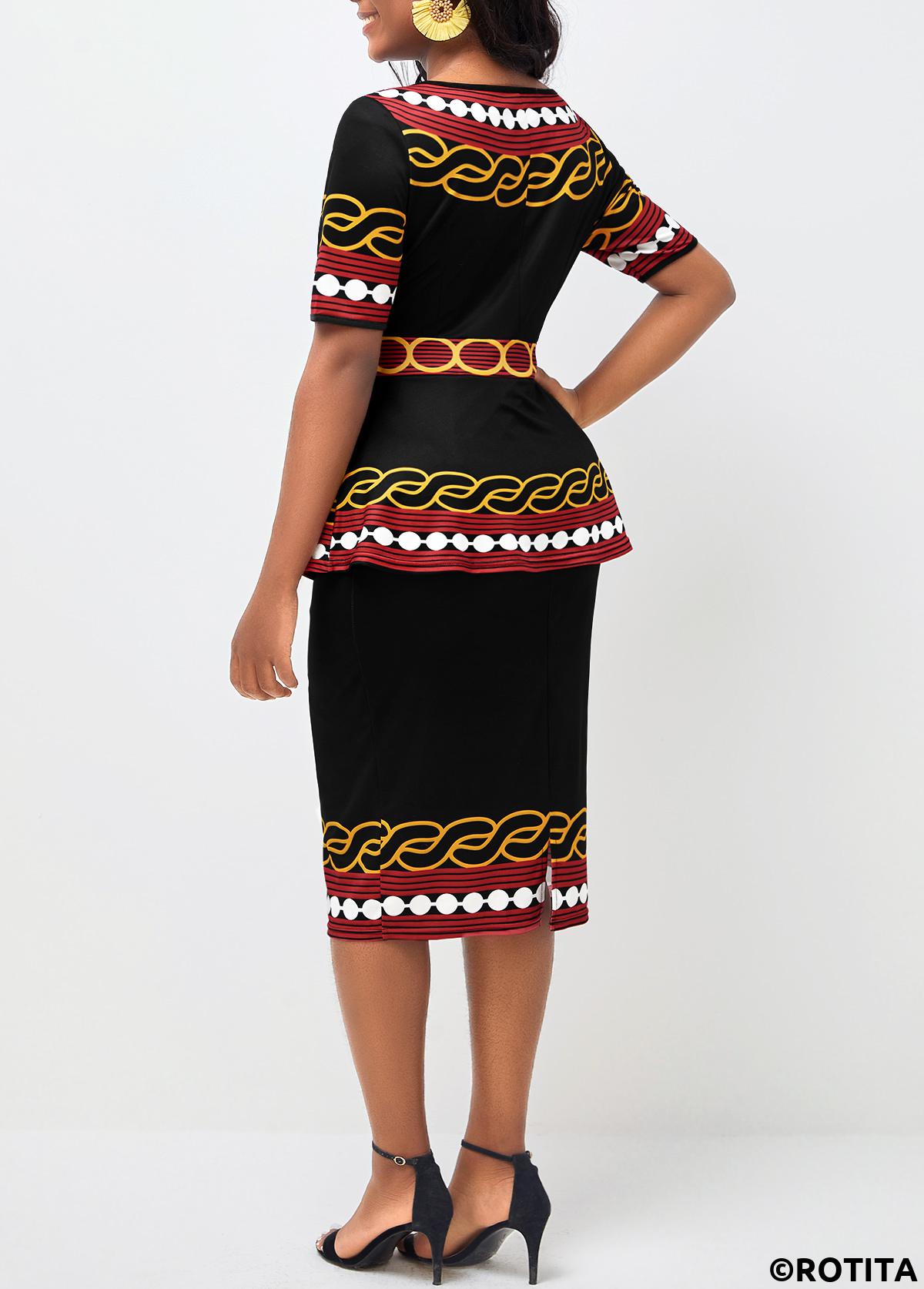 Deep Red dresses,Tribal dresses,Party dresses,Elegant dresses,ROTITA Black Tribal Print Round Neck Peplum Waist Dress