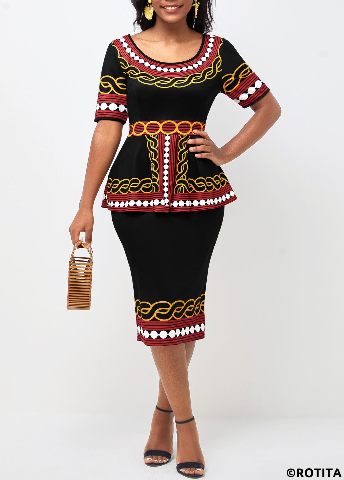 Deep Red dresses,Tribal dresses,Party dresses,Elegant dresses,ROTITA Black Tribal Print Round Neck Peplum Waist Dress