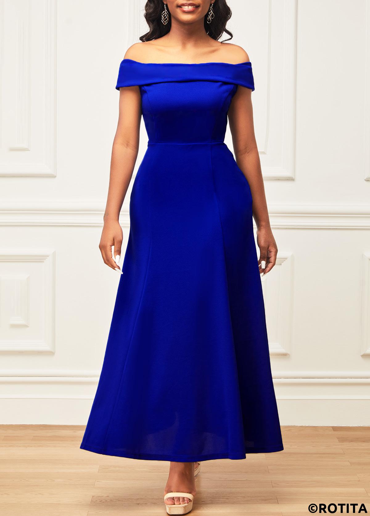 Blue dresses,Plain Color dresses,Party dresses,Elegant dresses,ROTITA Blue Off Shoulder Short Sleeve Maxi Dress