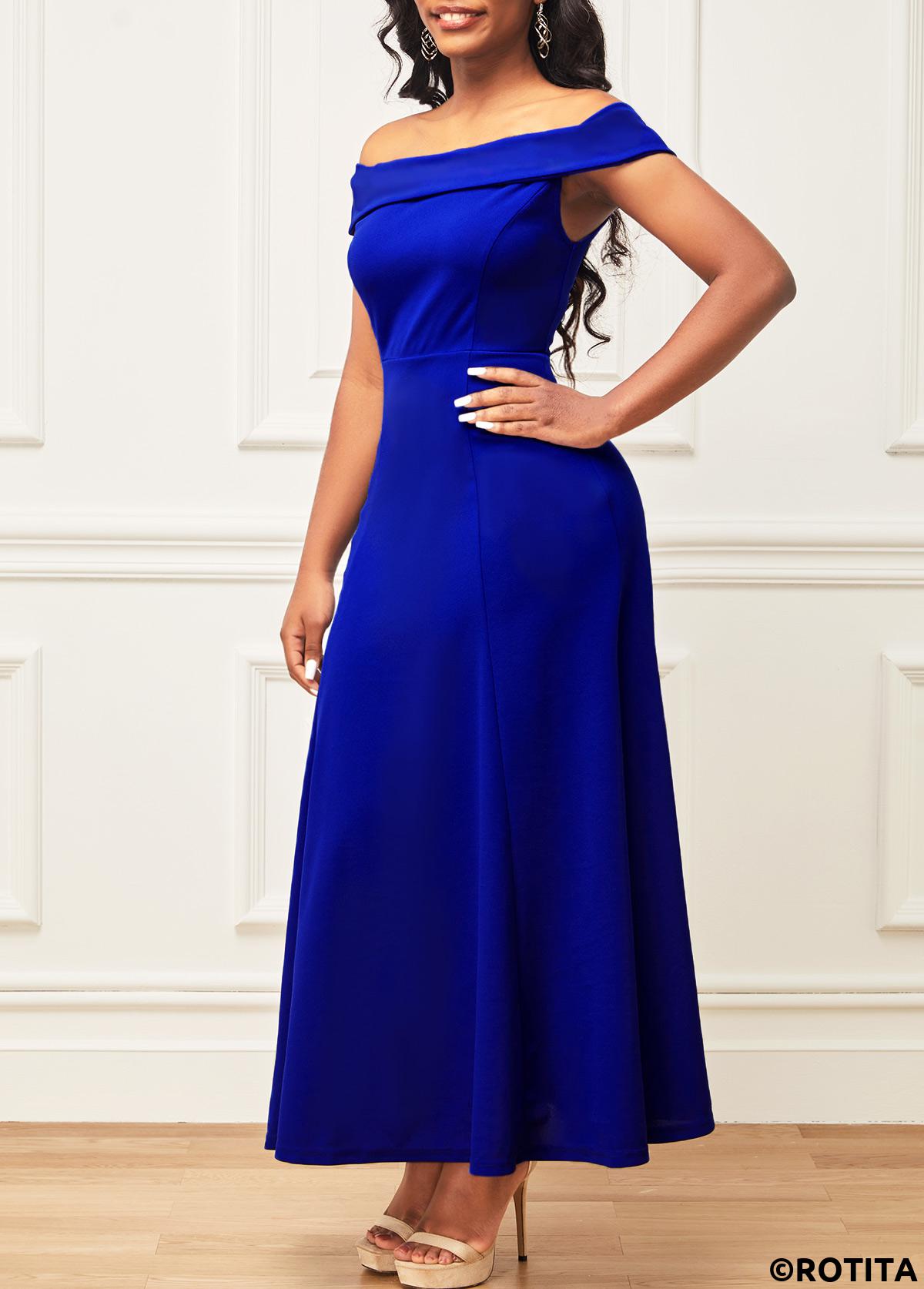 Blue dresses,Plain Color dresses,Party dresses,Elegant dresses,ROTITA Blue Off Shoulder Short Sleeve Maxi Dress
