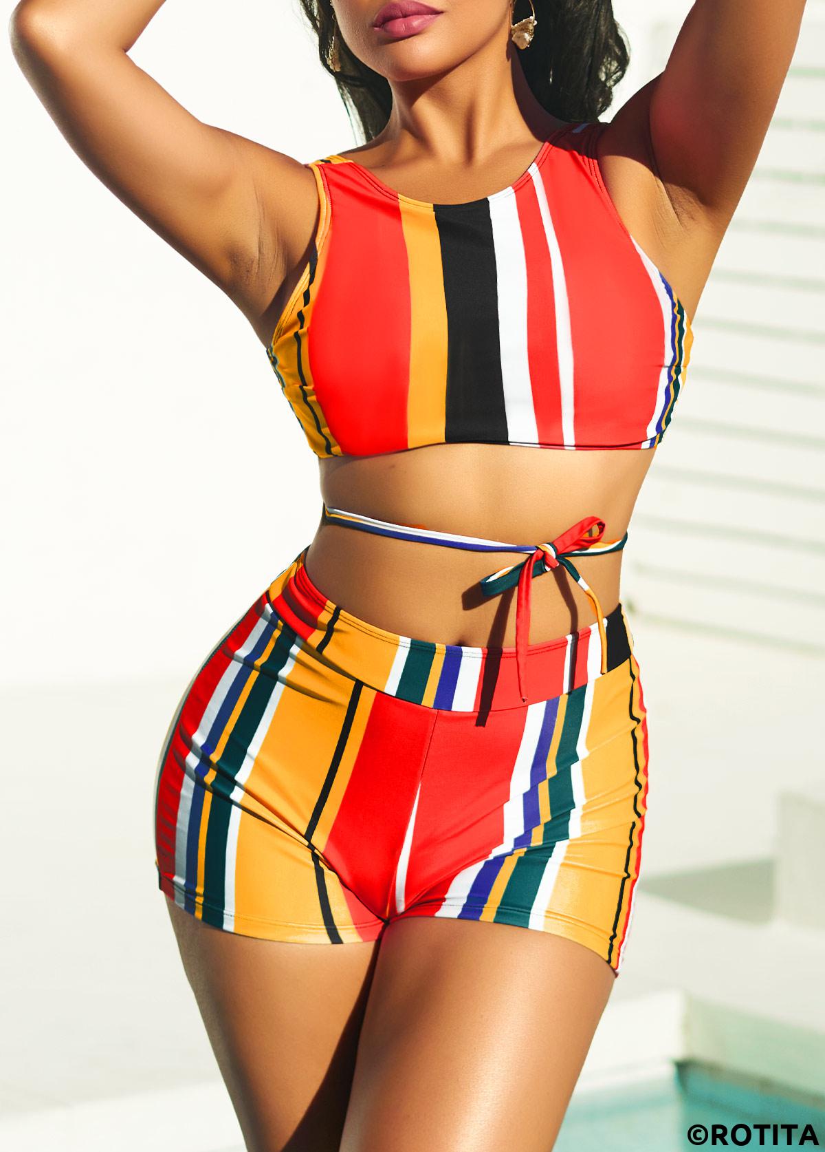 Multi Color swimwear,Rainbow Color swimwear,Striped swimwear,ROTITA Stripe Print High Waisted Multi Color Bikini Set