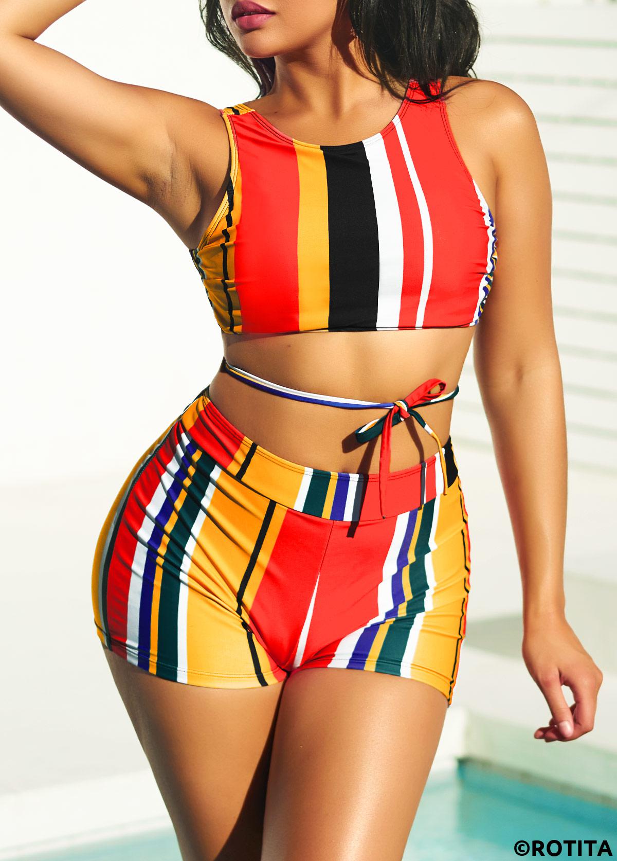 Multi Color swimwear,Rainbow Color swimwear,Striped swimwear,ROTITA Stripe Print High Waisted Multi Color Bikini Set