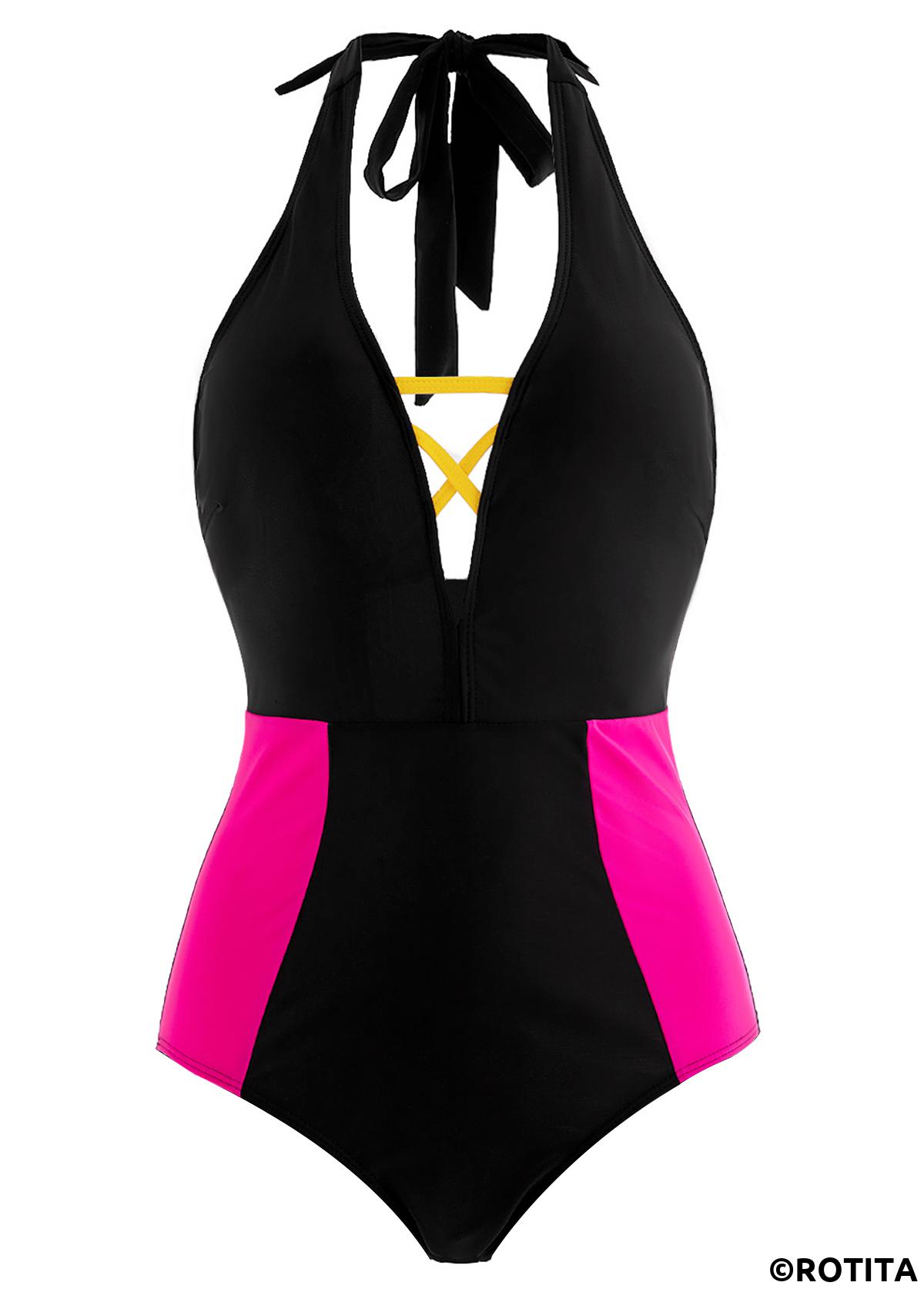 Black swimwear,Contrast Color swimwear,ROTITA Contrast Black Cross Strap One Piece Swimwear
