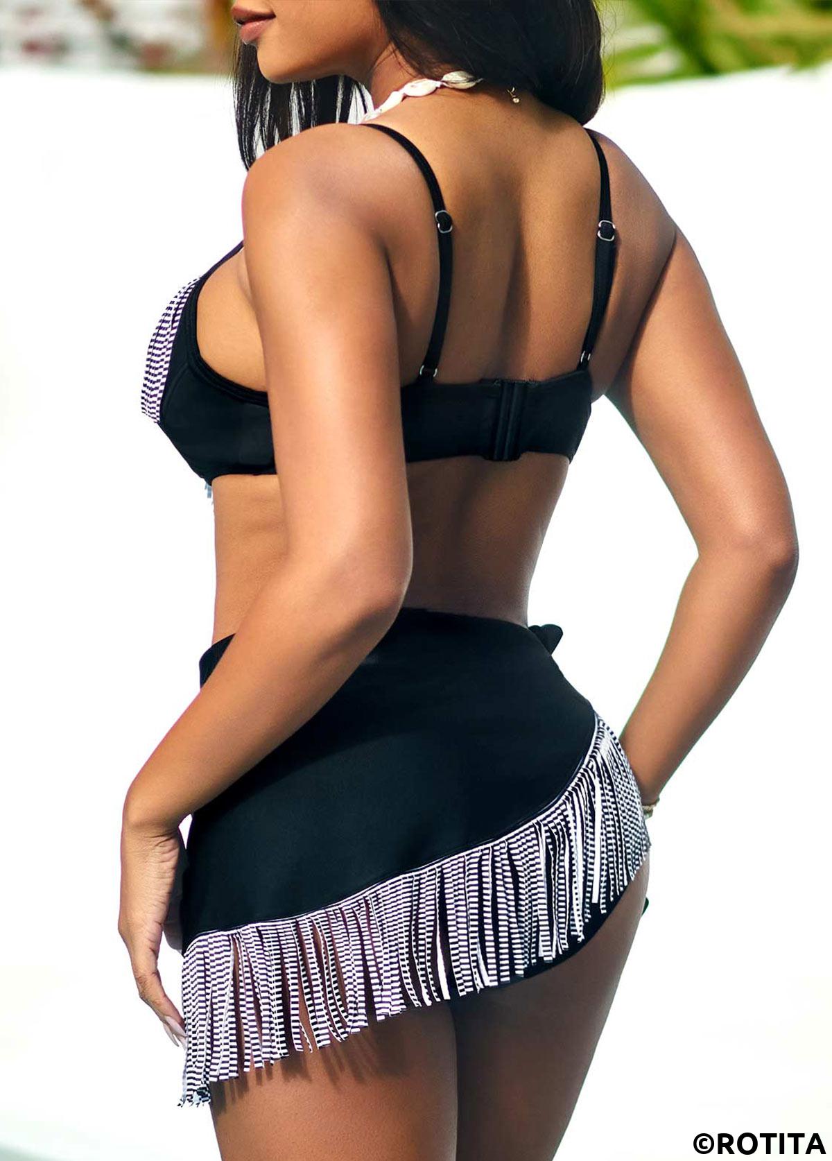 Black swimwear,Contrast Color swimwear,ROTITA Black Tie Side Tassel High Waisted Bikini Set