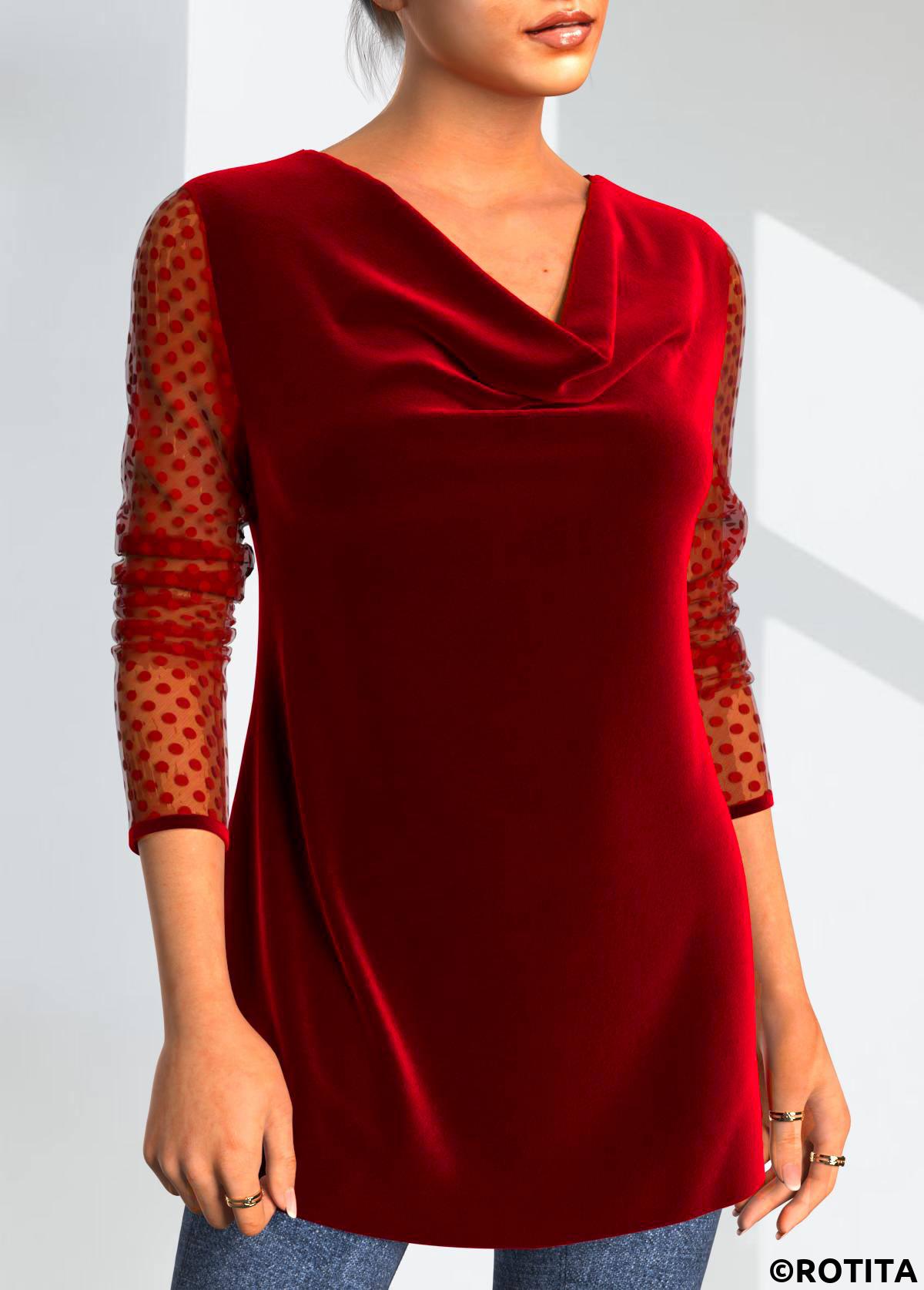 Red tops,Dot tops,ROTITA Red Velvet Stitching Valentines Polka Dot T Shirt