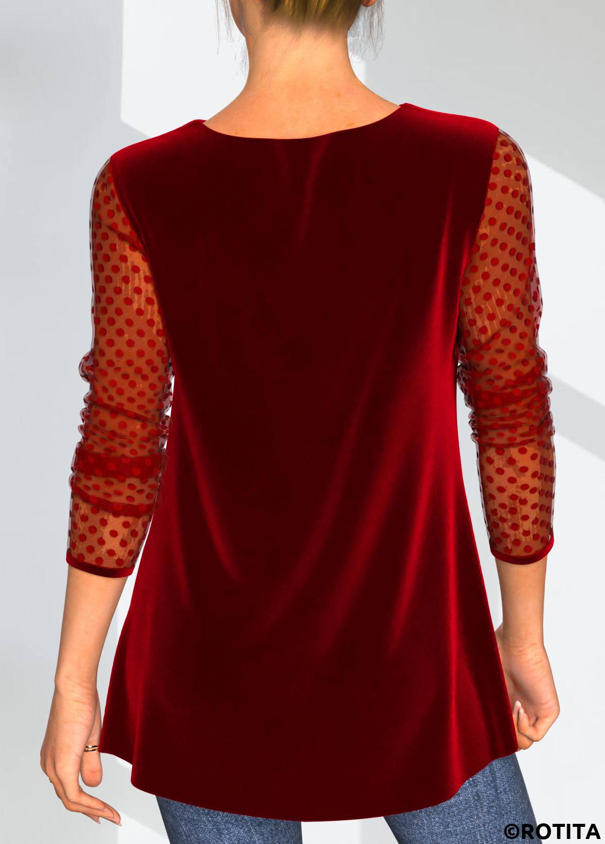 Red tops,Dot tops,ROTITA Red Velvet Stitching Valentines Polka Dot T Shirt