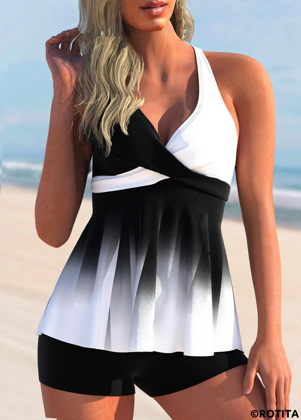 Ombre swimwear,ROTITA Ombre Color Block Cross Front Tankini Top