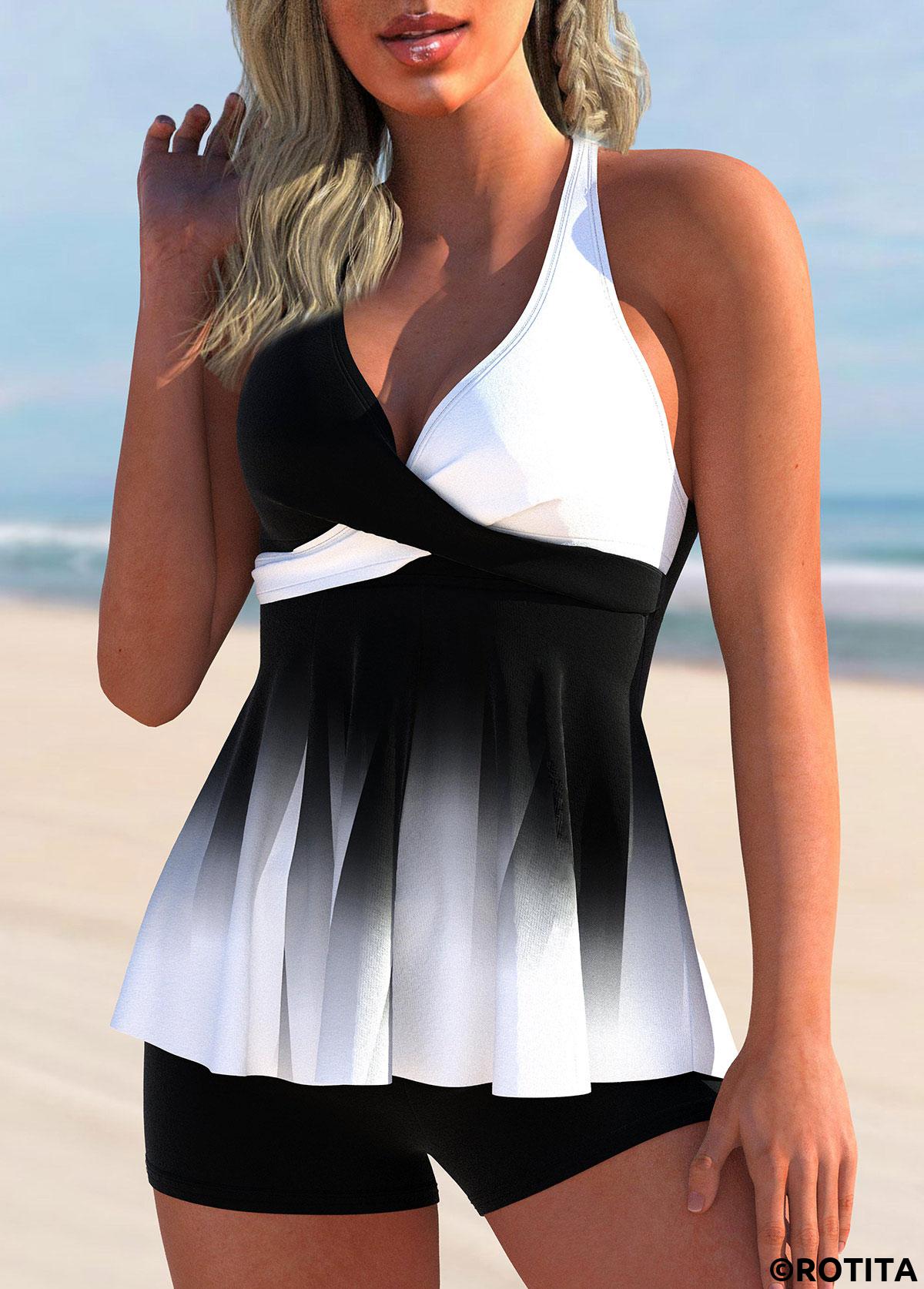 Ombre swimwear,ROTITA Ombre Color Block Cross Front Tankini Top