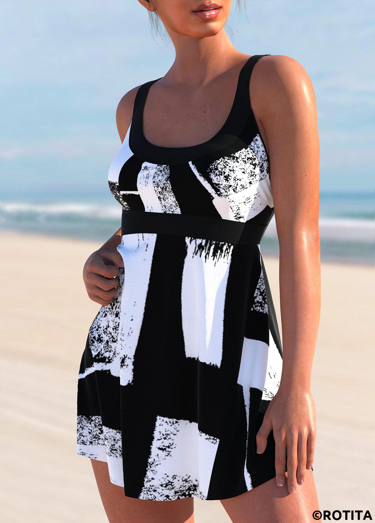 Black swimwear,Geometric swimwear,ROTITA Geometric Print Black Cross Strap Swimdress Top