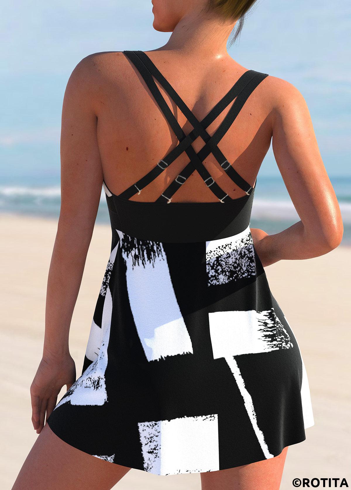 Black swimwear,Geometric swimwear,ROTITA Geometric Print Black Cross Strap Swimdress Top