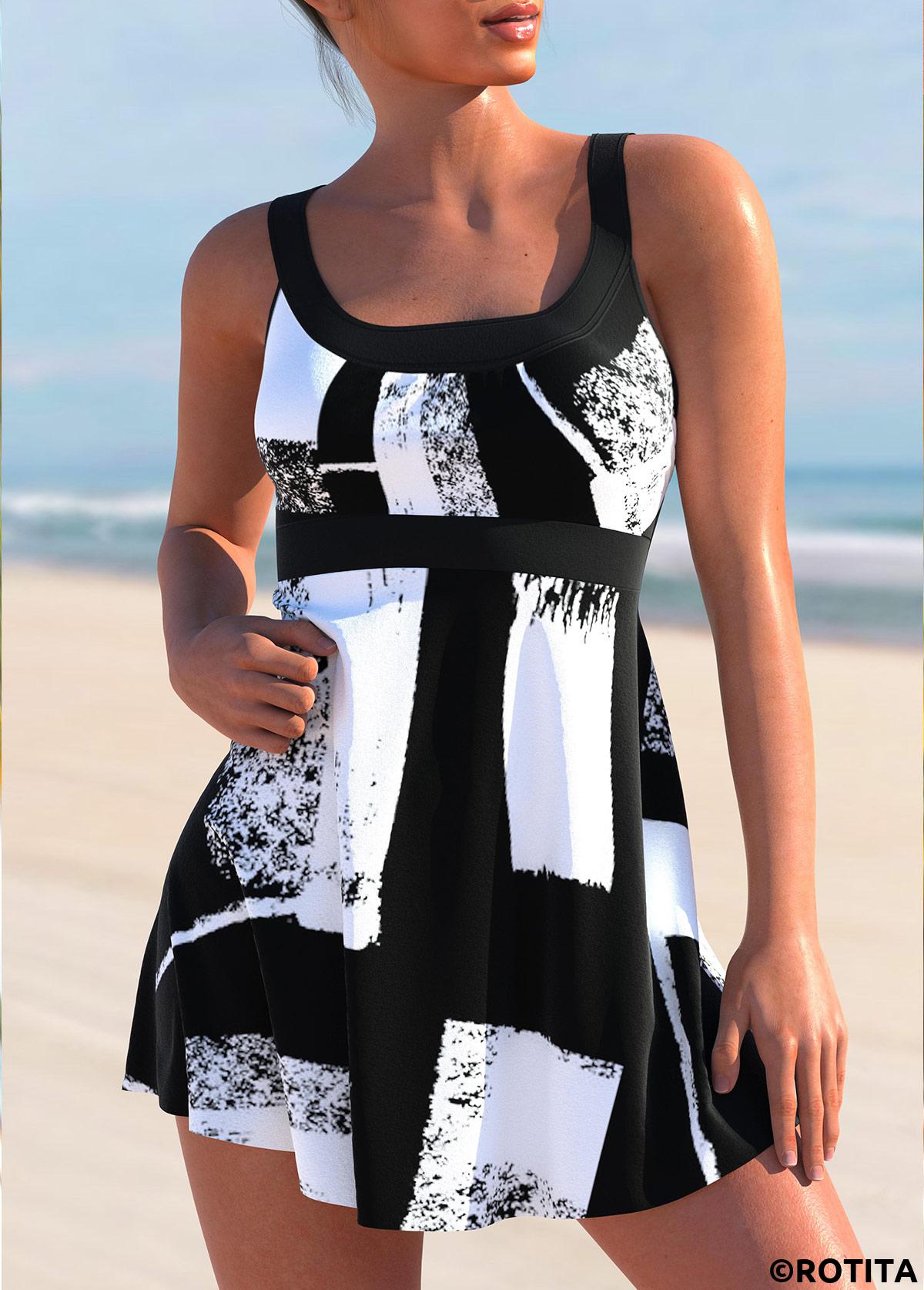 Black swimwear,Geometric swimwear,ROTITA Geometric Print Black Cross Strap Swimdress Top