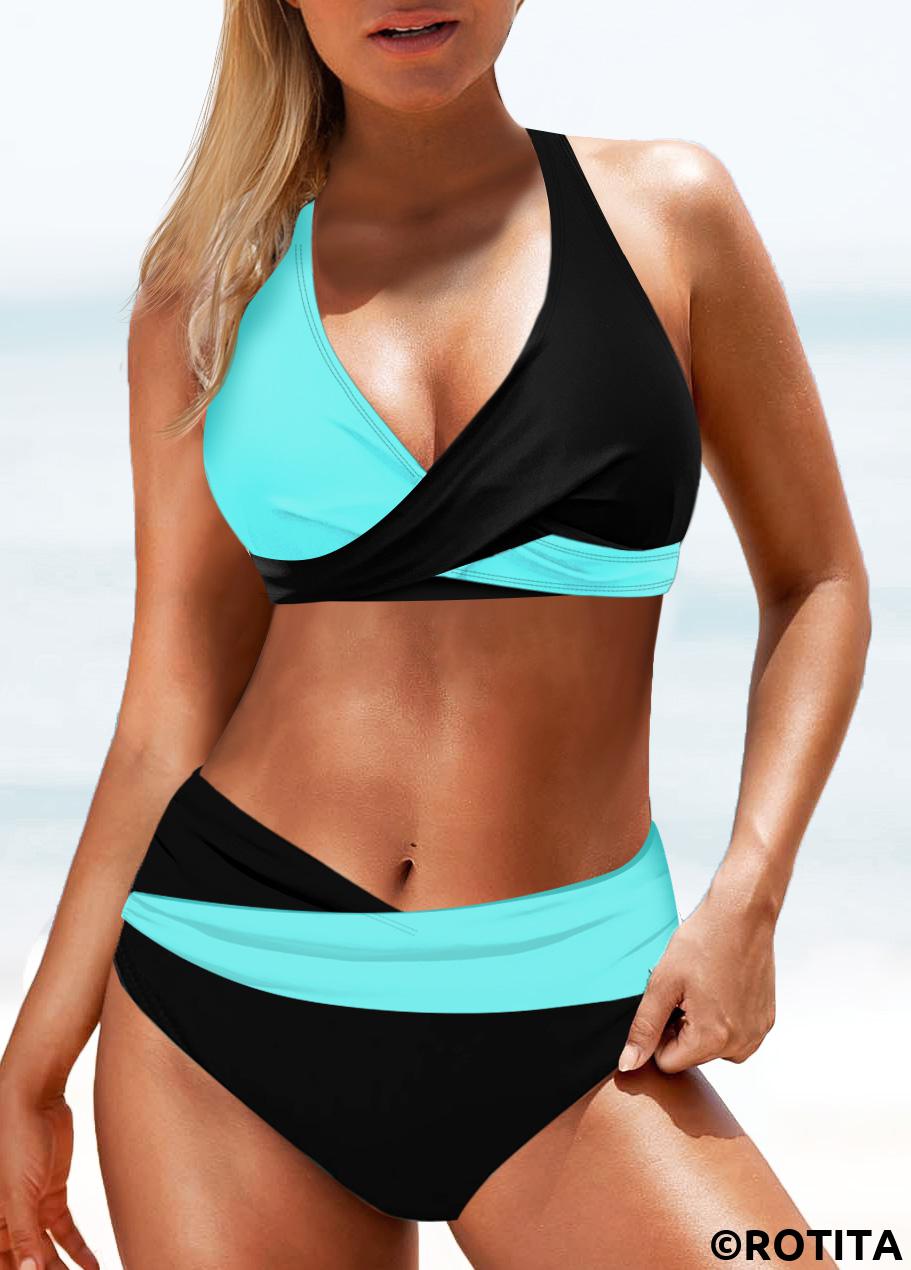 Cyan swimwear,Black swimwear,Contrast Color swimwear,ROTITA Patchwork Cyan Mid Waisted Bikini Set