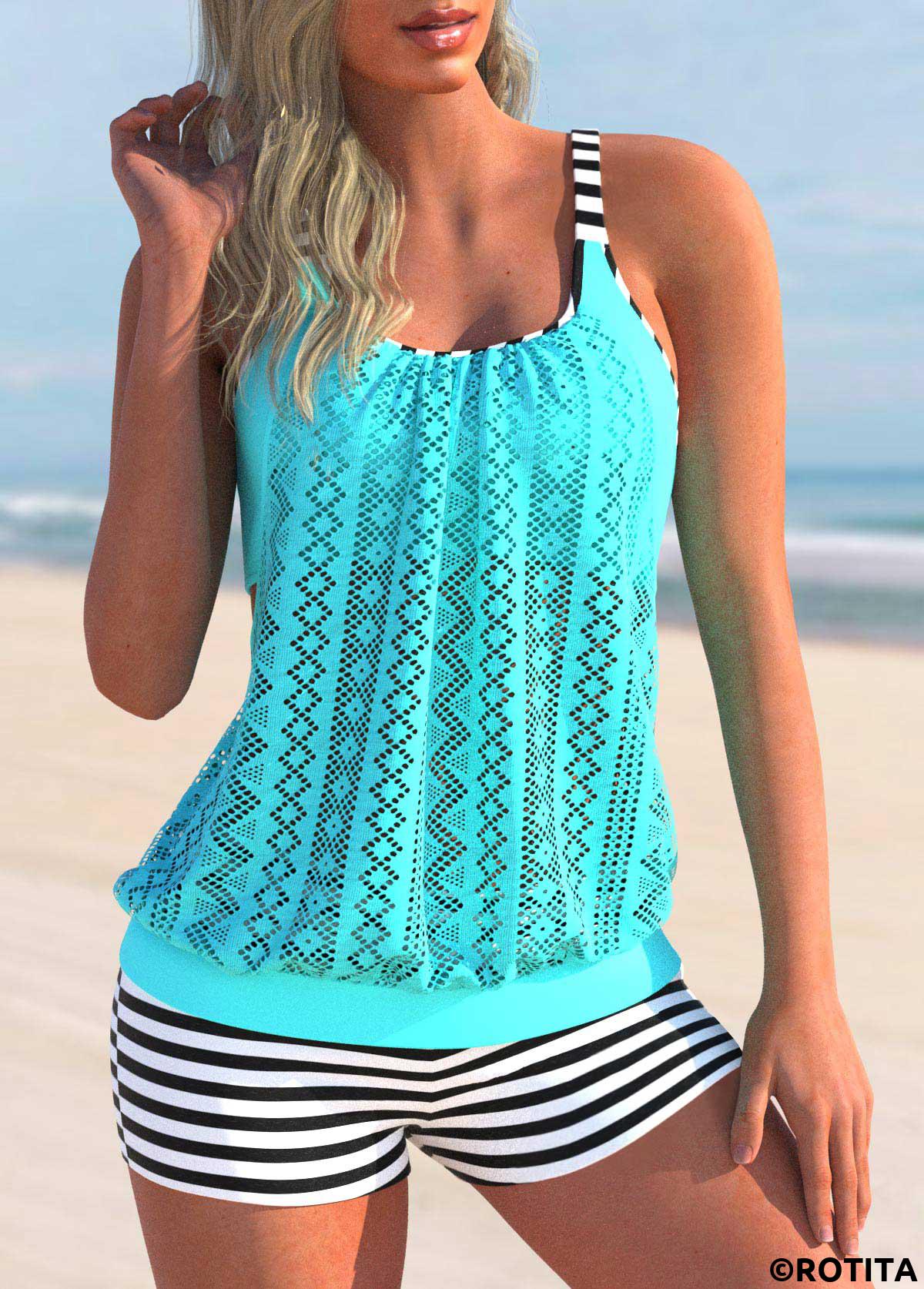 Cyan swimwear,Striped swimwear,ROTITA Striped Lace Stitching Cyan Tankini Set