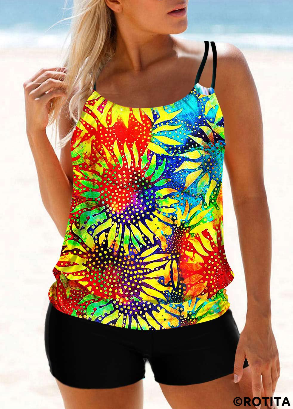 Multi Color swimwear,Rainbow Color swimwear,Plants swimwear,ROTITA Sunflower and Tie Dye Print Multi Color Tankini Top