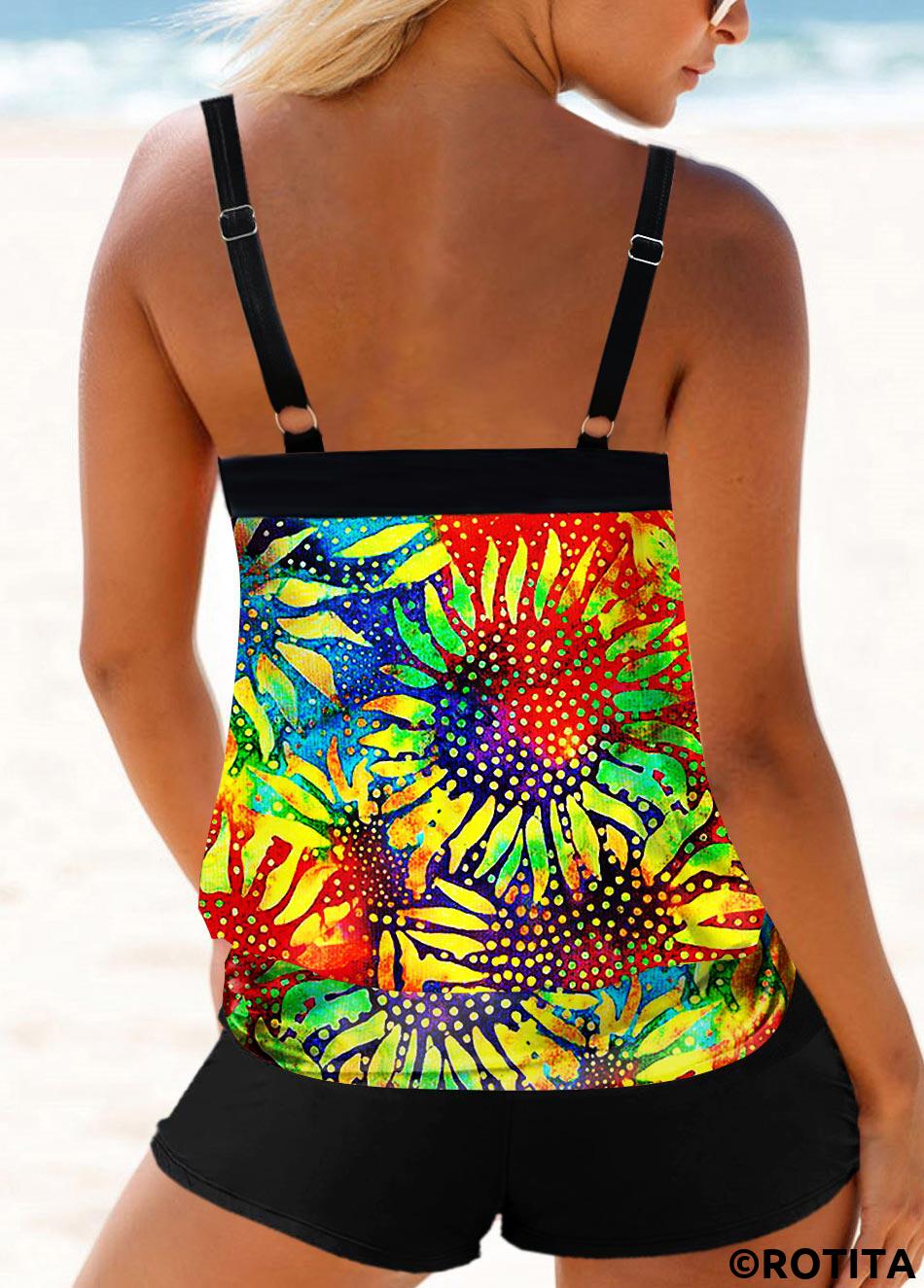 Multi Color swimwear,Rainbow Color swimwear,Plants swimwear,ROTITA Sunflower and Tie Dye Print Multi Color Tankini Top