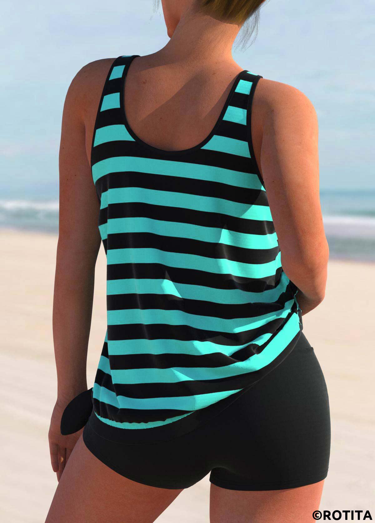 ensemble de tankini à larges bretelles à rayures cyan