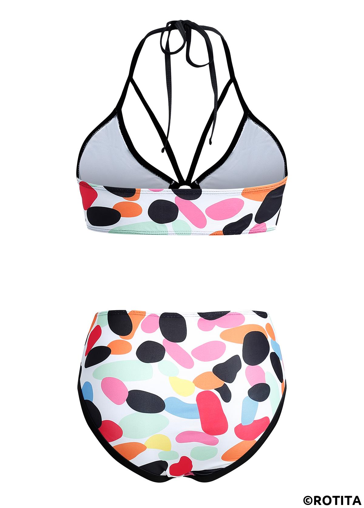 Multi Color swimwear,Rainbow Color swimwear,Dot swimwear,ROTITA Polka Dot Rainbow Color High Waist Bikini Set