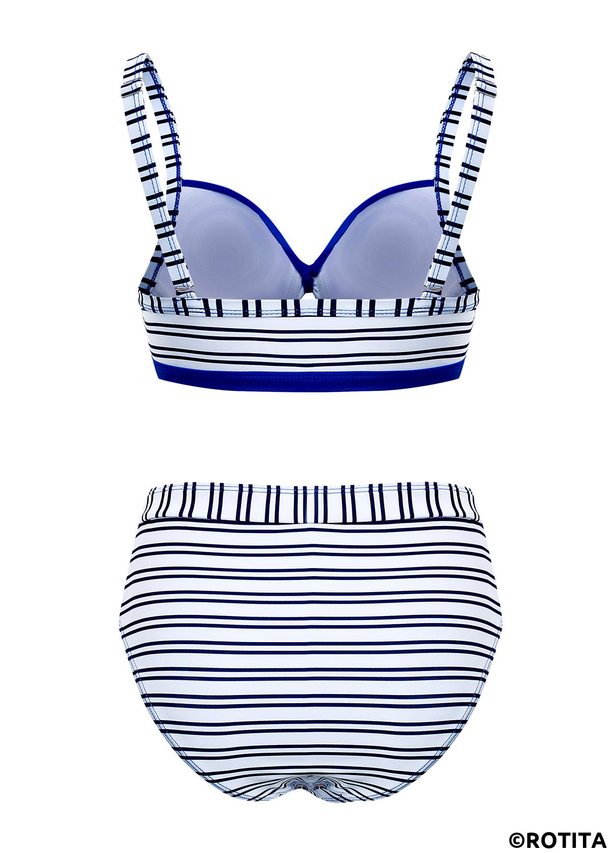 Royal Blue swimwear,Striped swimwear,ROTITA Stripe Print Contrast Royal Blue Bikini Set