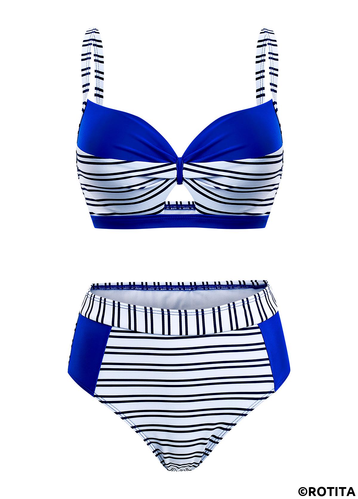 Royal Blue swimwear,Striped swimwear,ROTITA Stripe Print Contrast Royal Blue Bikini Set