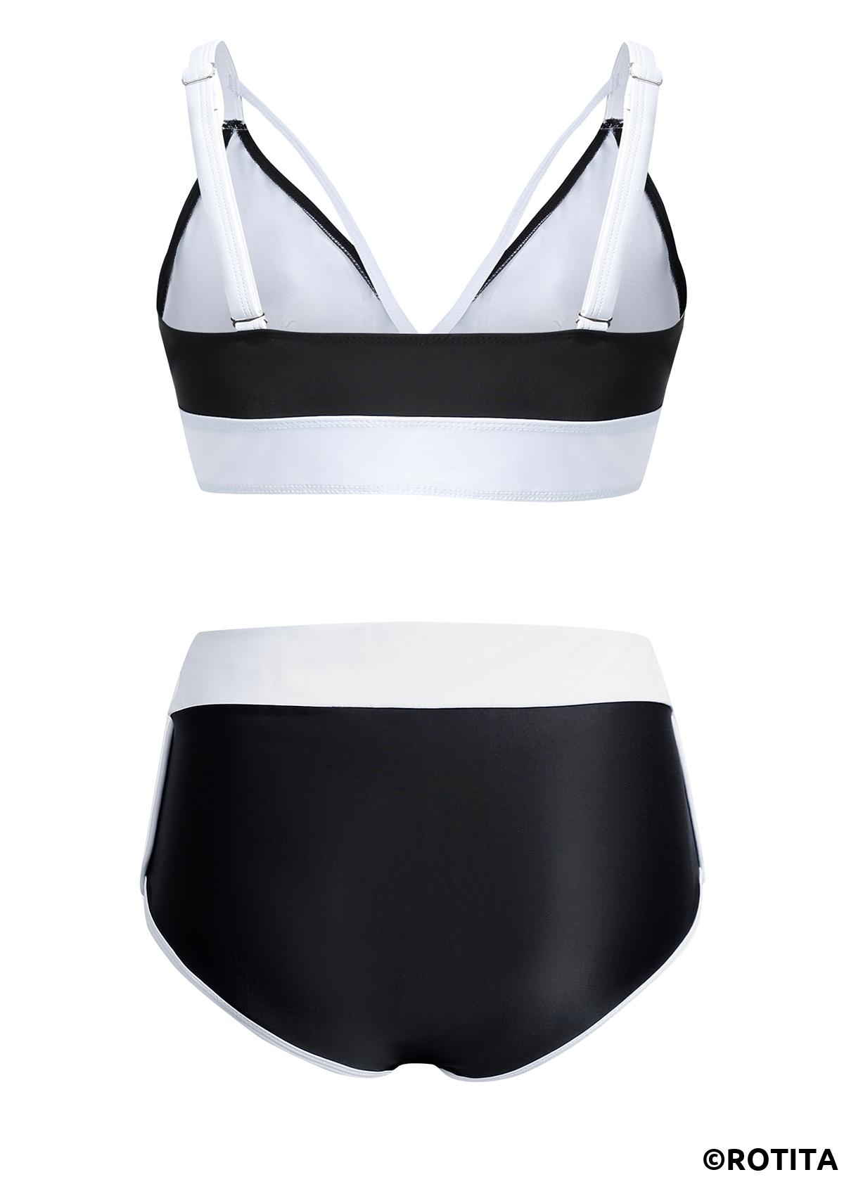 Black swimwear,Contrast Color swimwear,ROTITA High Waisted Contrast Black Bikini Set