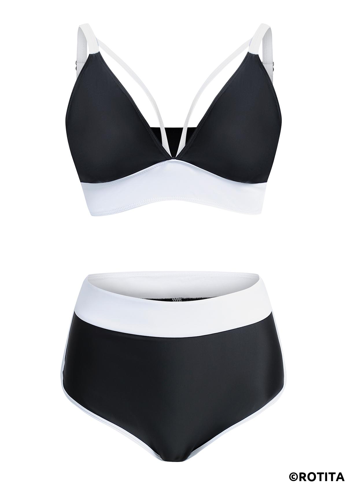 Black swimwear,Contrast Color swimwear,ROTITA High Waisted Contrast Black Bikini Set