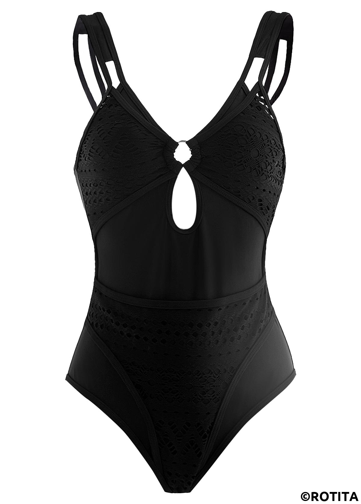 Black swimwear,Plain Color swimwear,ROTITA Black Metal Ring Detail Lace Patchwork One Piece Swimwear