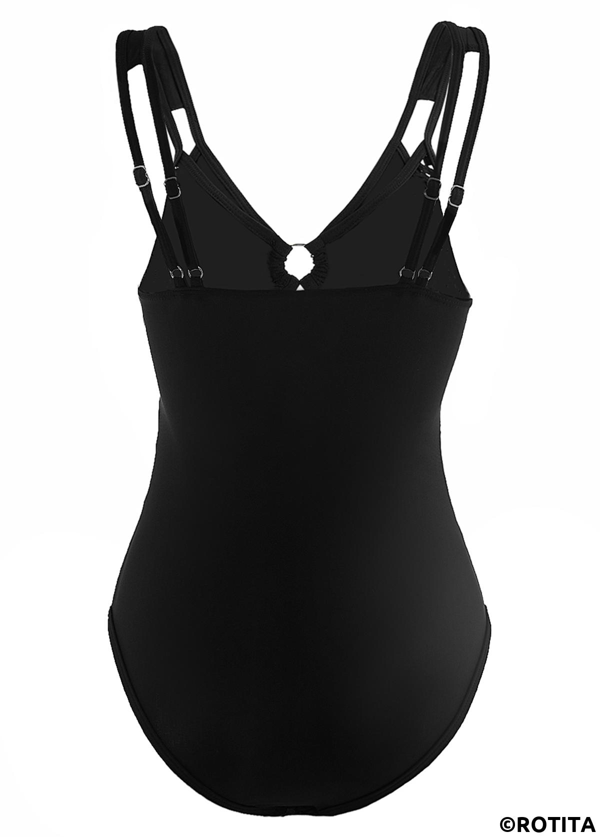 Black swimwear,Plain Color swimwear,ROTITA Black Metal Ring Detail Lace Patchwork One Piece Swimwear