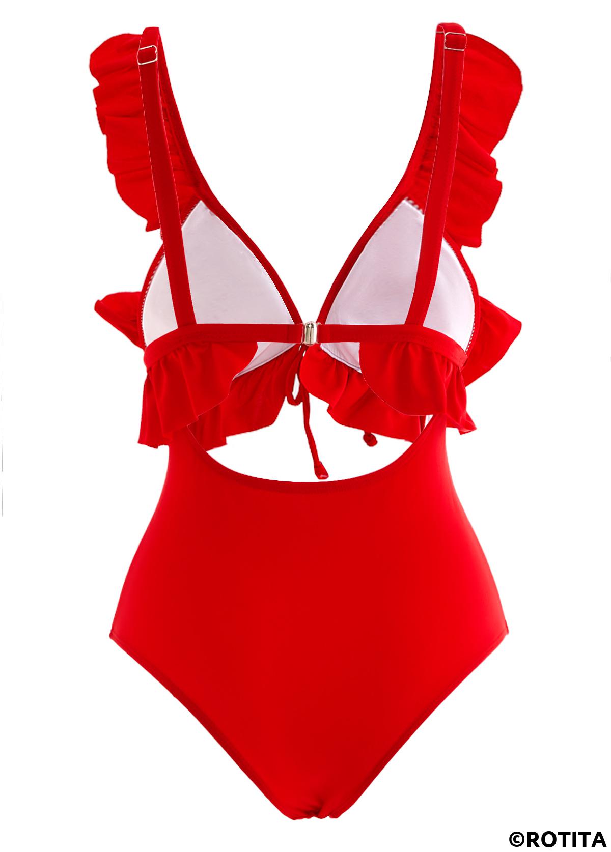 Red swimwear,Plain Color swimwear,Flounce Red Cutout One Piece Swimwear