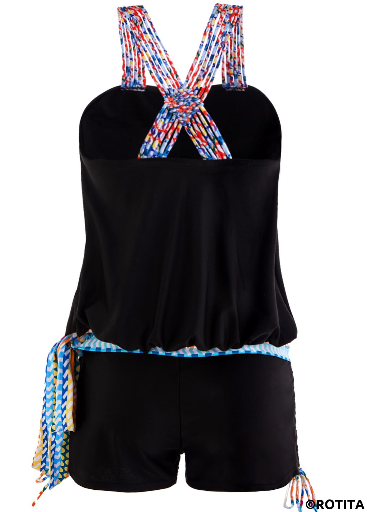 Black swimwear,Tribal swimwear,ROTITA Tribal Print Tie Side Black Tankini Set