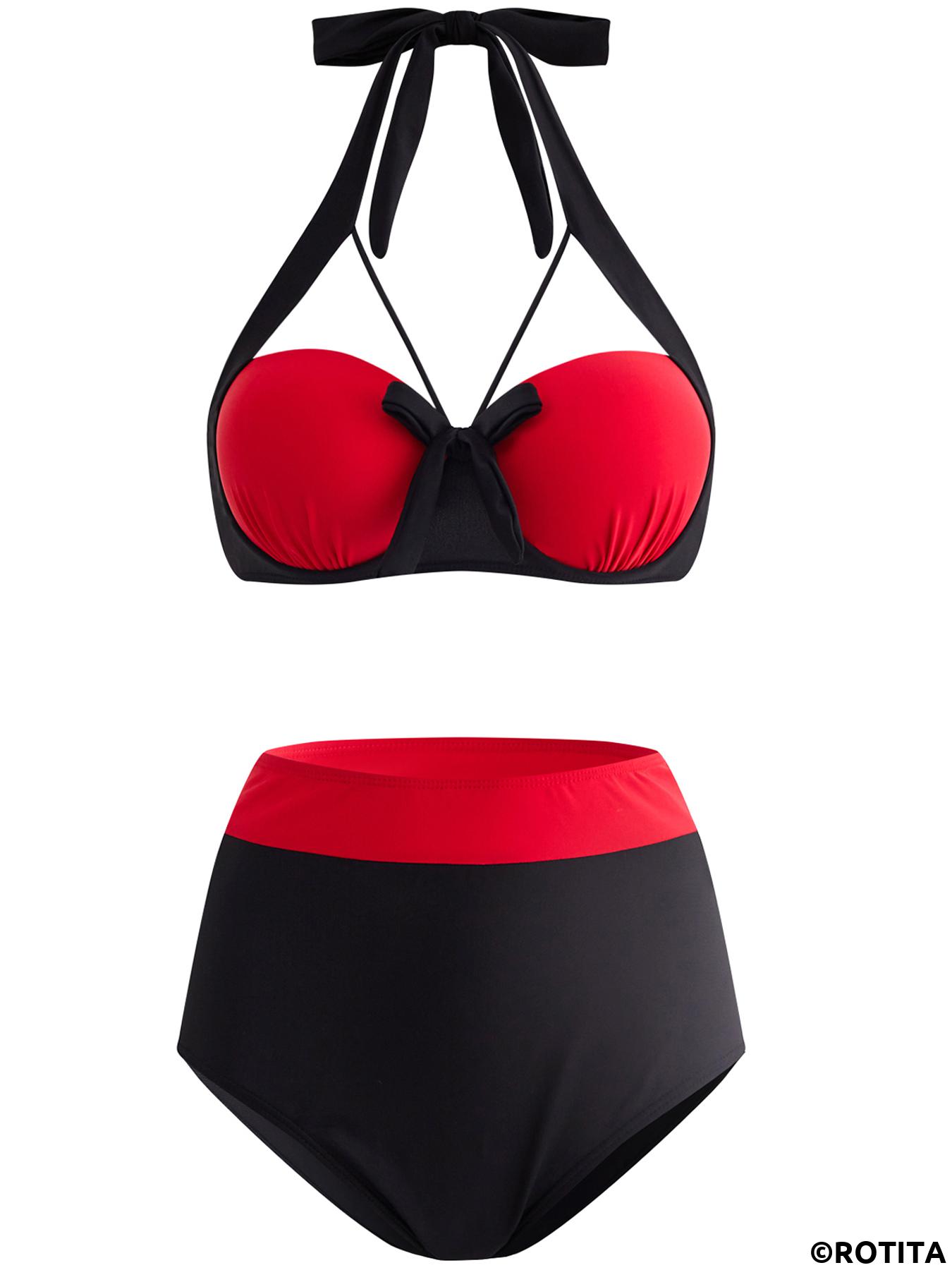 Contrast Color swimwear,ROTITA High Waisted Color Block Bowknot Bikini Set