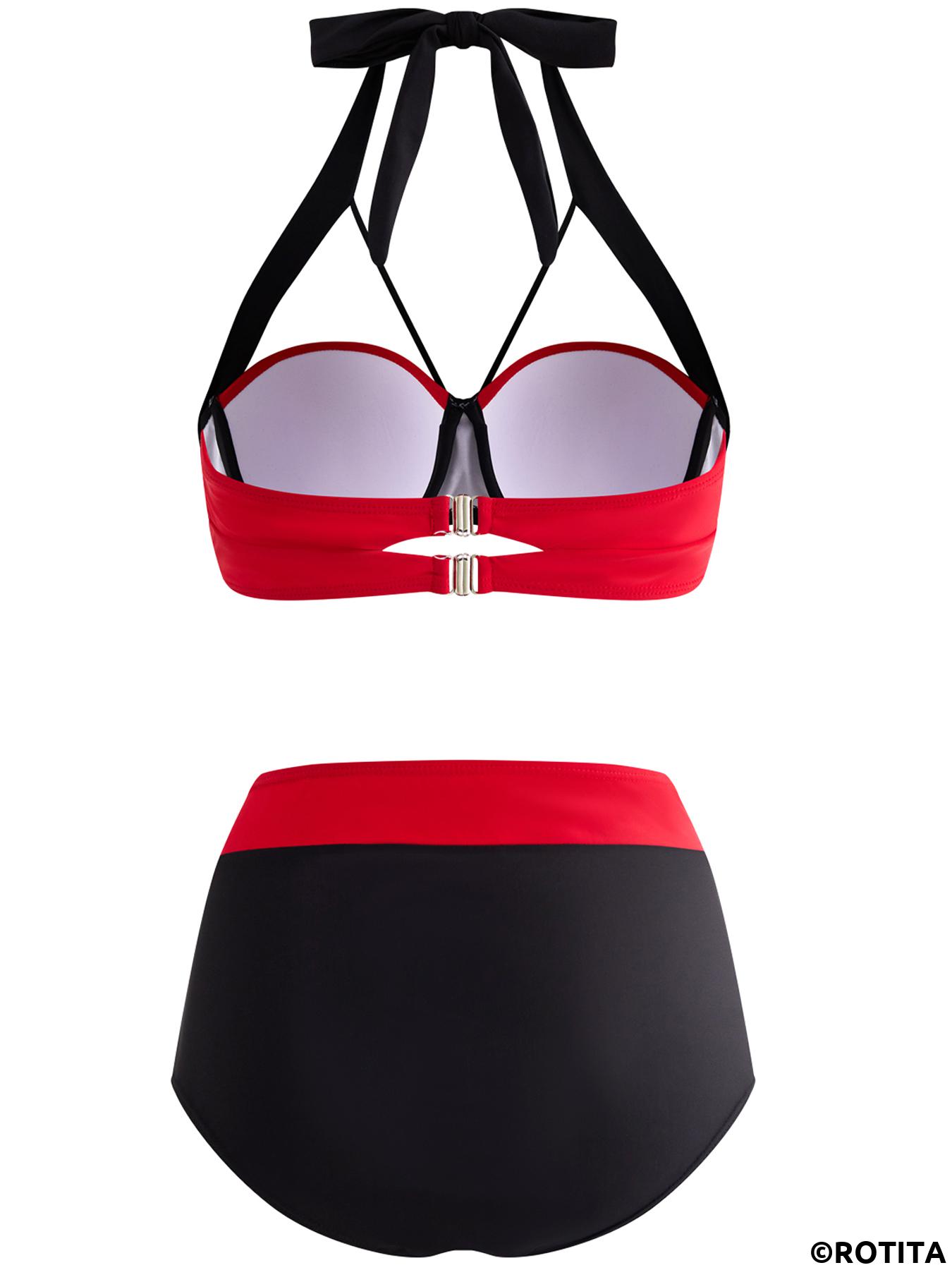 Contrast Color swimwear,ROTITA High Waisted Color Block Bowknot Bikini Set