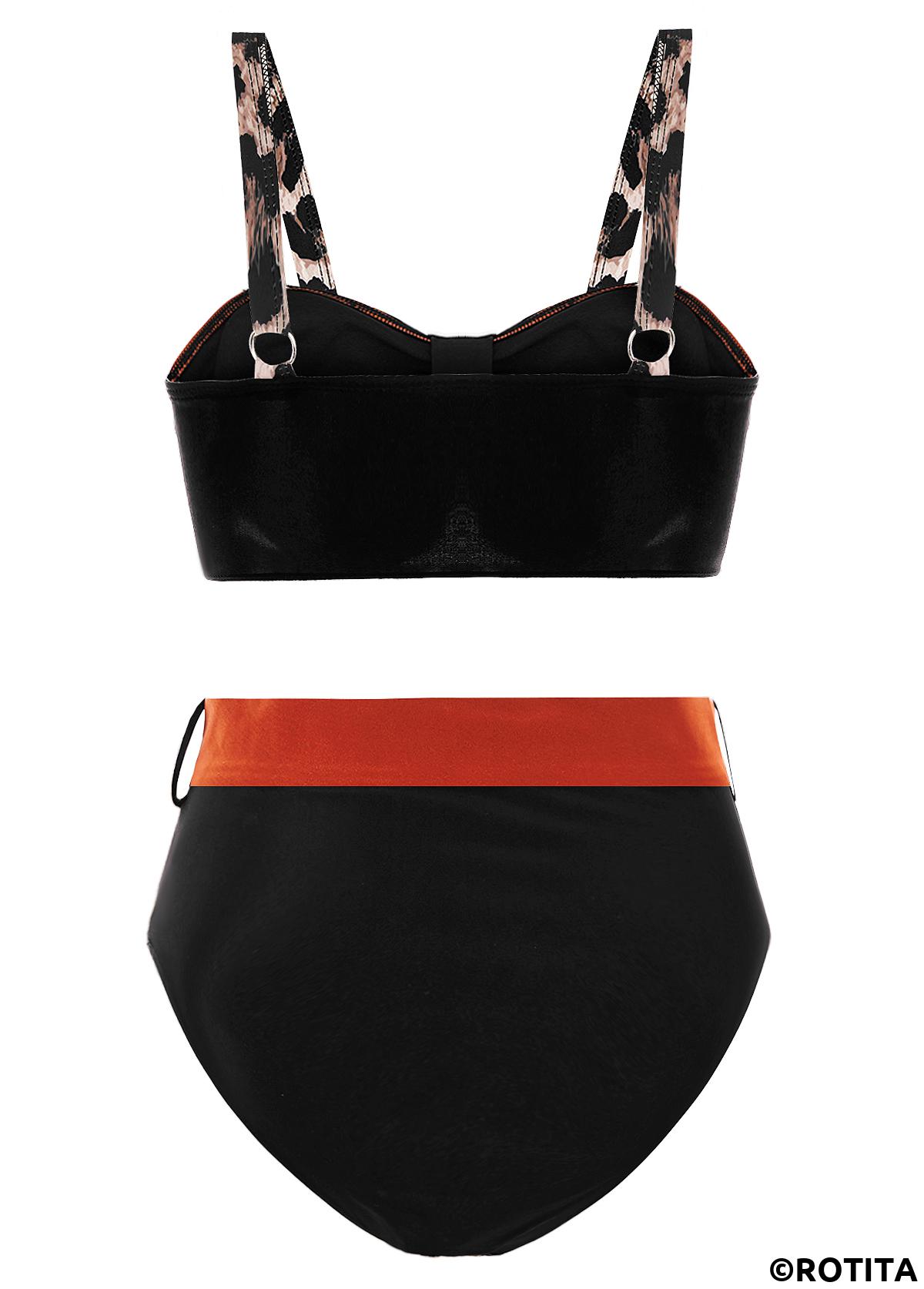 Multi Color swimwear,Leopard swimwear,ROTITA High Waist Leopard Wide Strap Bikini Set