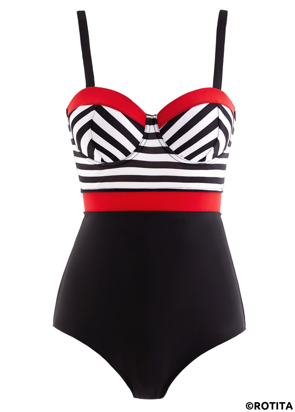 Multi Color swimwear,Striped swimwear,ROTITA Spaghetti Strap Striped One Piece Swimwear