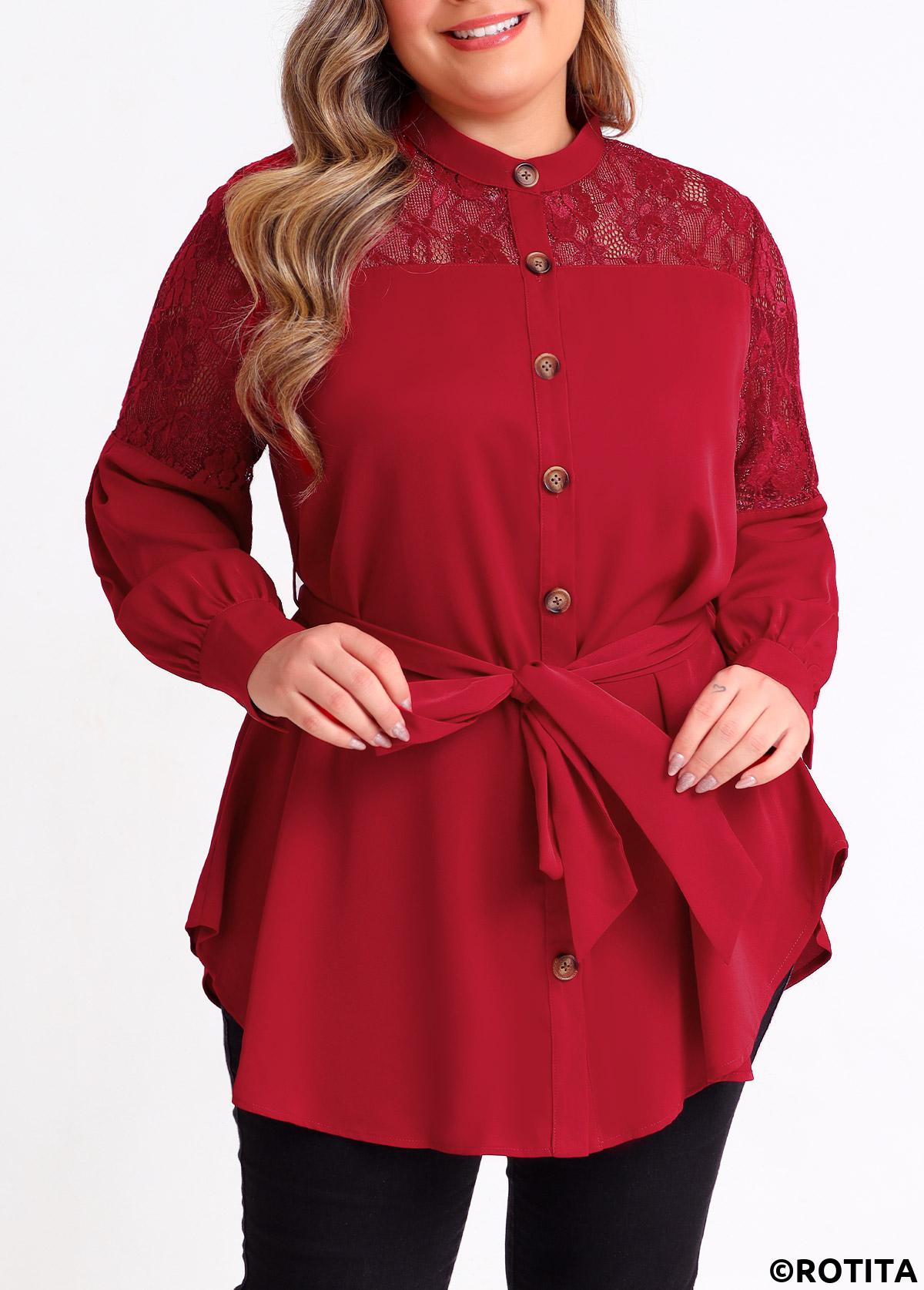 Wine Red plus size,Plain Color plus size,ROTITA Plus Size Wine Red Asymmetric Hem Blouse