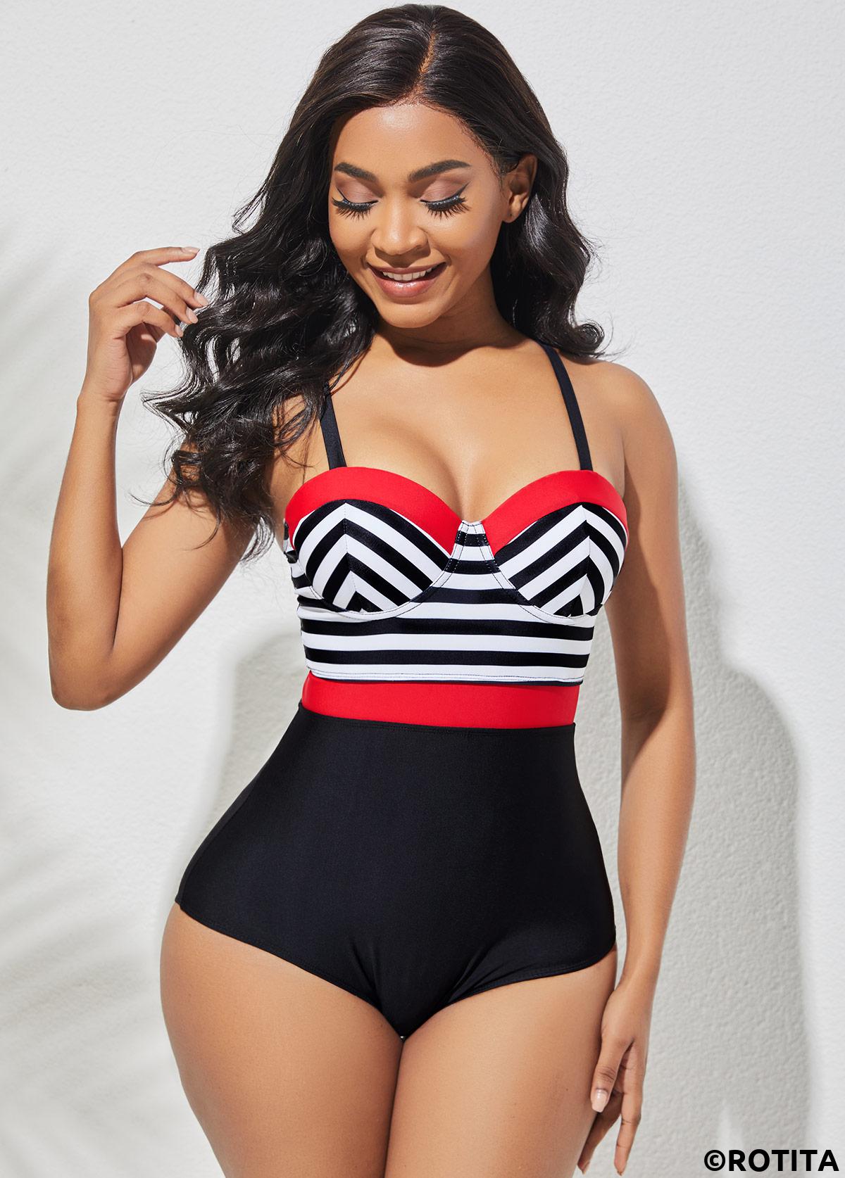 Multi Color swimwear,Striped swimwear,ROTITA Spaghetti Strap Striped One Piece Swimwear