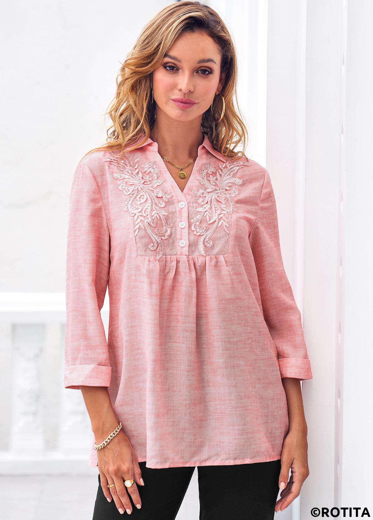 Pink tops,Plain Color tops,ROTITA Pink Lace Stitching 3/4 Sleeve Blouse