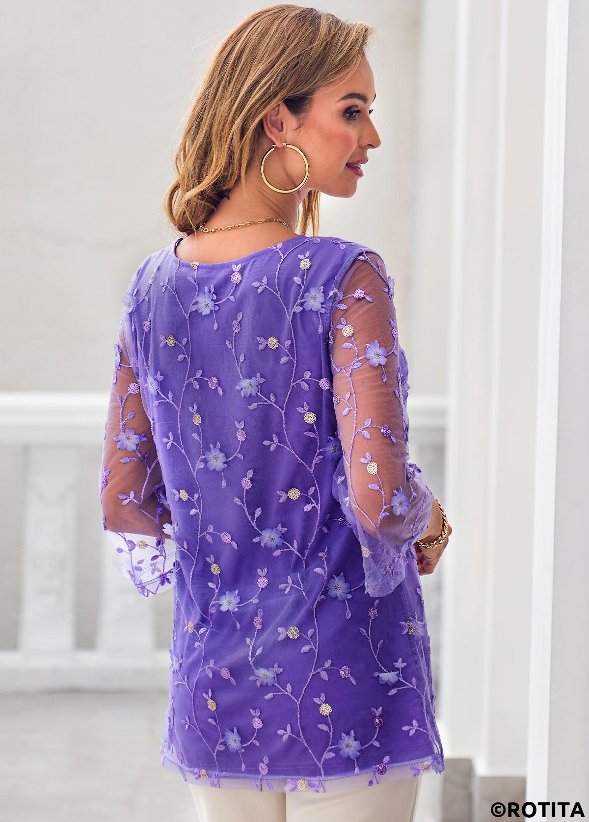 ROTITA Embroidery Purple Round Neck 3/4 Sleeve Blouse