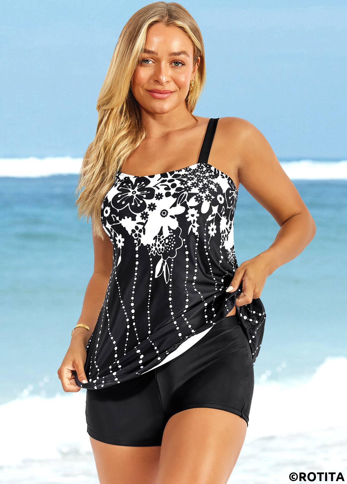 Black swimwear,Floral swimwear,ROTITA Floral Print Black Wide Strap Tankini Top