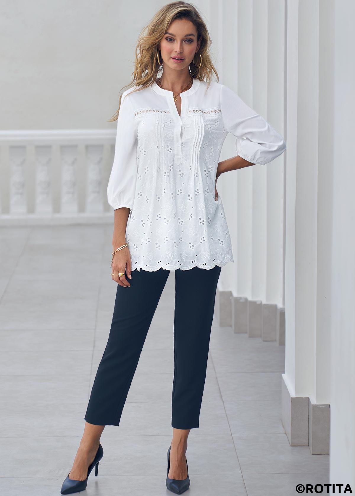 White tops,Plain Color tops,ROTITA Cut Out White Split Neck 3/4 Sleeve Blouse