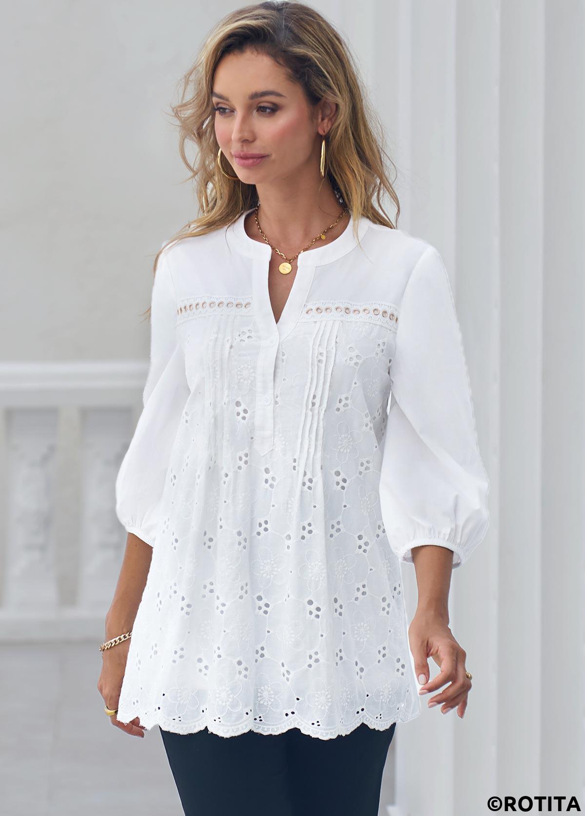 White tops,Plain Color tops,ROTITA Cut Out White Split Neck 3/4 Sleeve Blouse