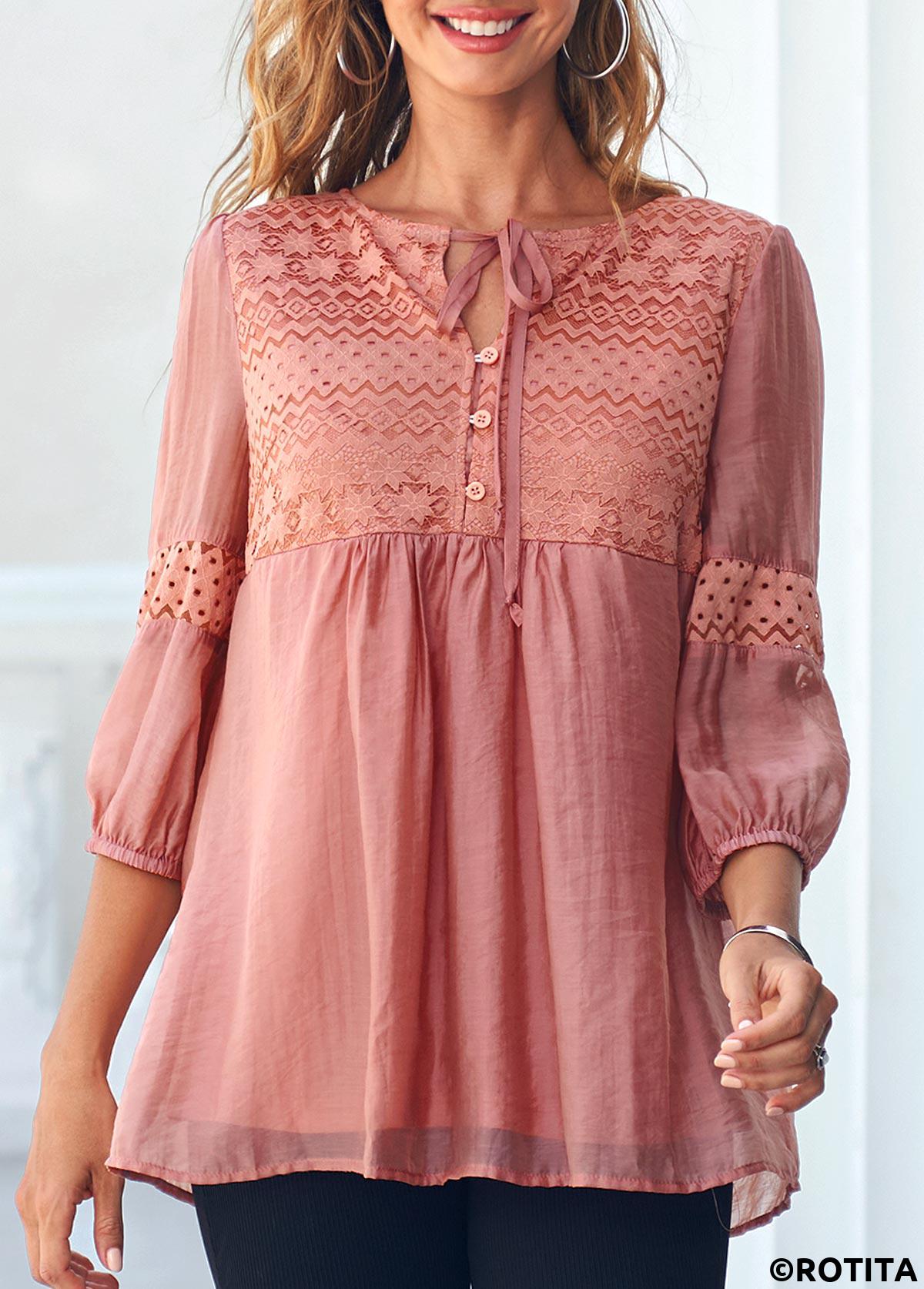 Orange tops,Plain Color tops,ROTITA Tie Front Lace Stitching Coral Orange Blouse