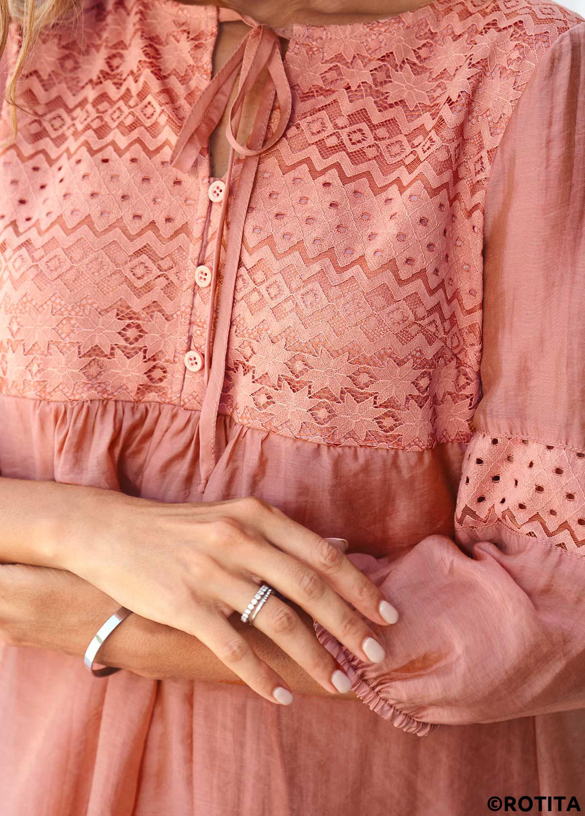 Orange tops,Plain Color tops,ROTITA Tie Front Lace Stitching Coral Orange Blouse