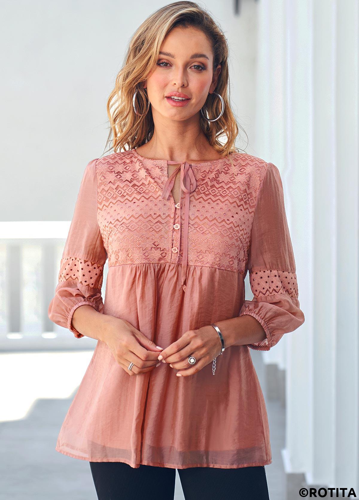 Orange tops,Plain Color tops,ROTITA Tie Front Lace Stitching Coral Orange Blouse