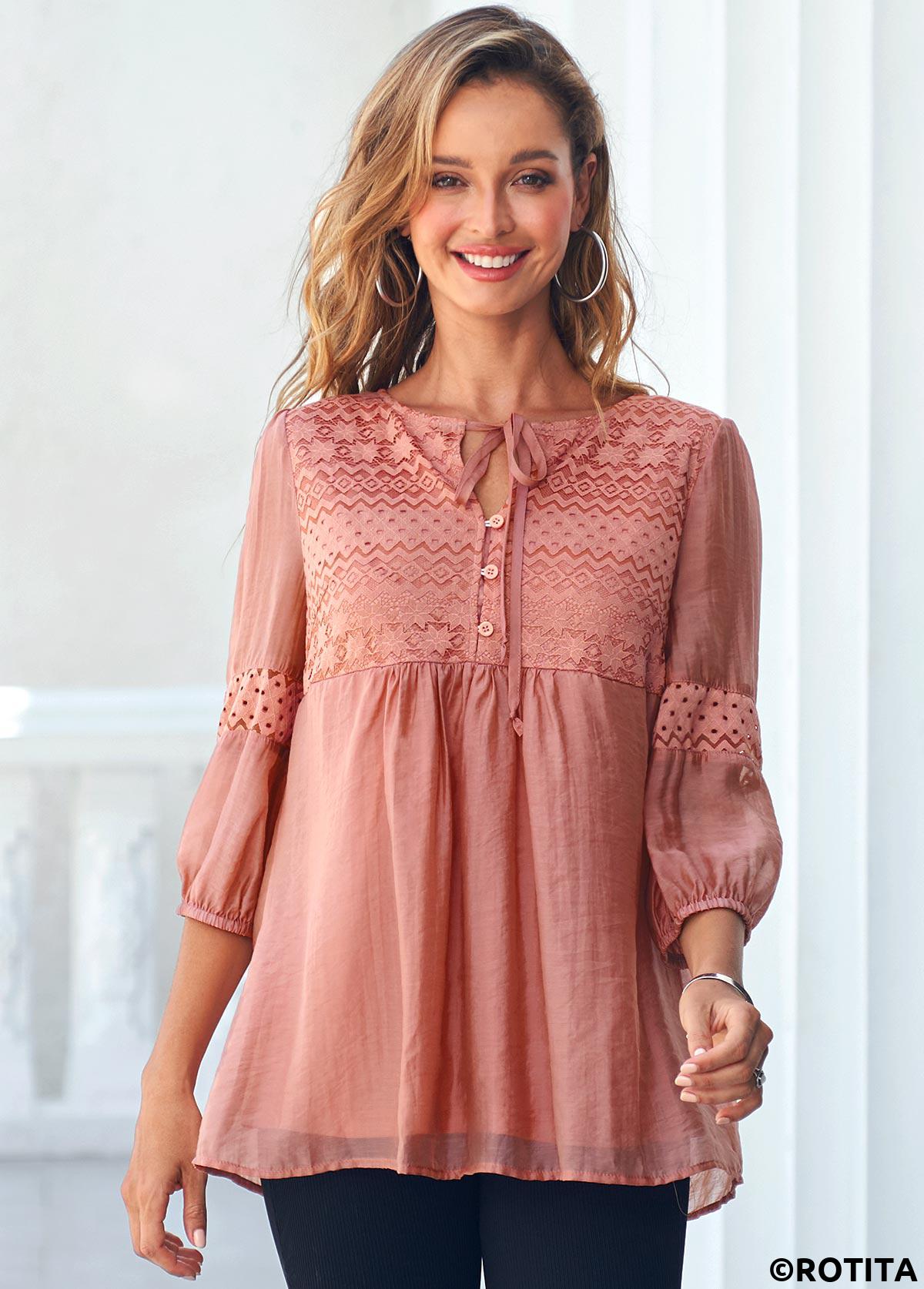 Orange tops,Plain Color tops,ROTITA Tie Front Lace Stitching Coral Orange Blouse