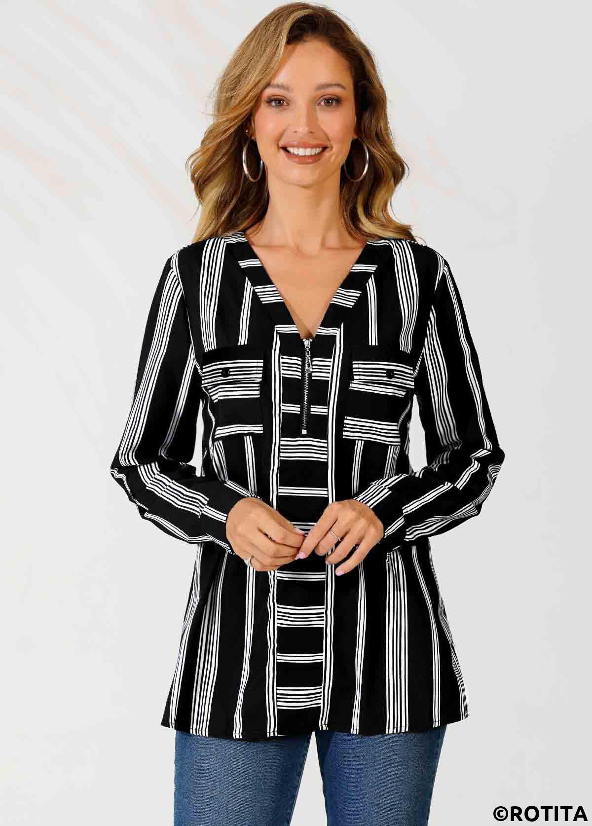 Gestreifte Rotita-Bluse mit V-Ausschnitt Farbblock und Reißverschlussdetail